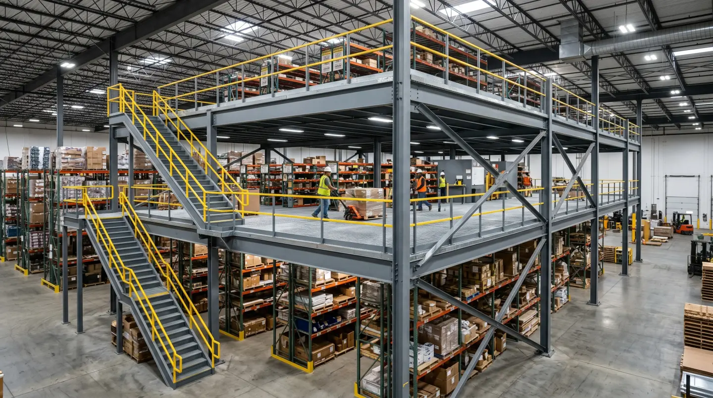 Steel mezzanine platform installed inside a Houston-area warehouse