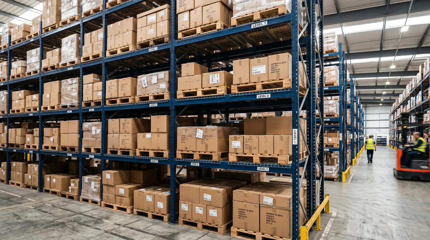 Surplus rack being appraised for buyback in a Houston-metro warehouse