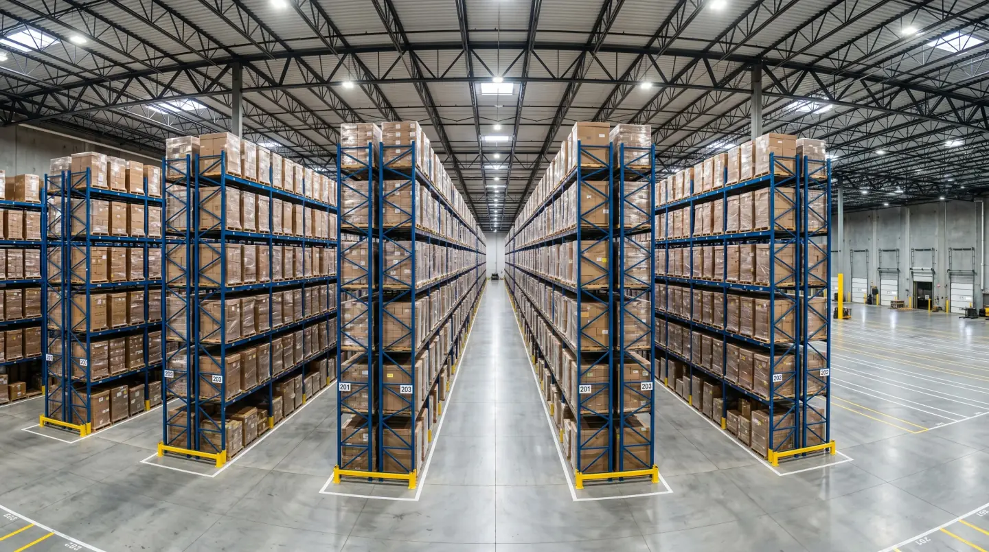 Tall run of pallet rack filled with stretch-wrapped loads in a Houston-area warehouse