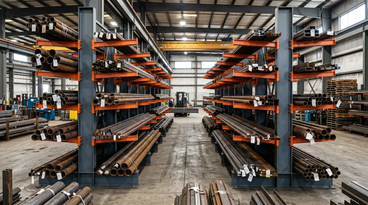 Structural cantilever rack holding pipe, bar and lumber at a Houston-area industrial supplier