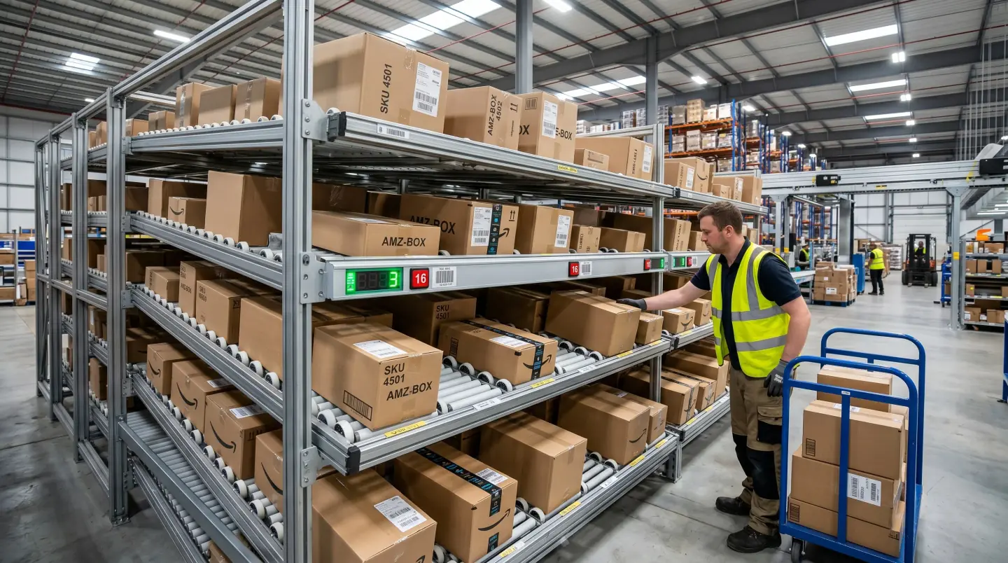 Multi-level carton flow bays with a picker pulling cases in a Houston-area fulfillment building