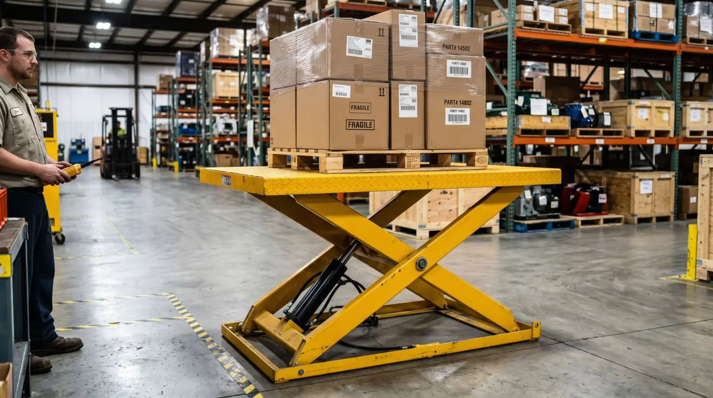 Hydraulic scissor lift table at a workstation in a Houston-area warehouse