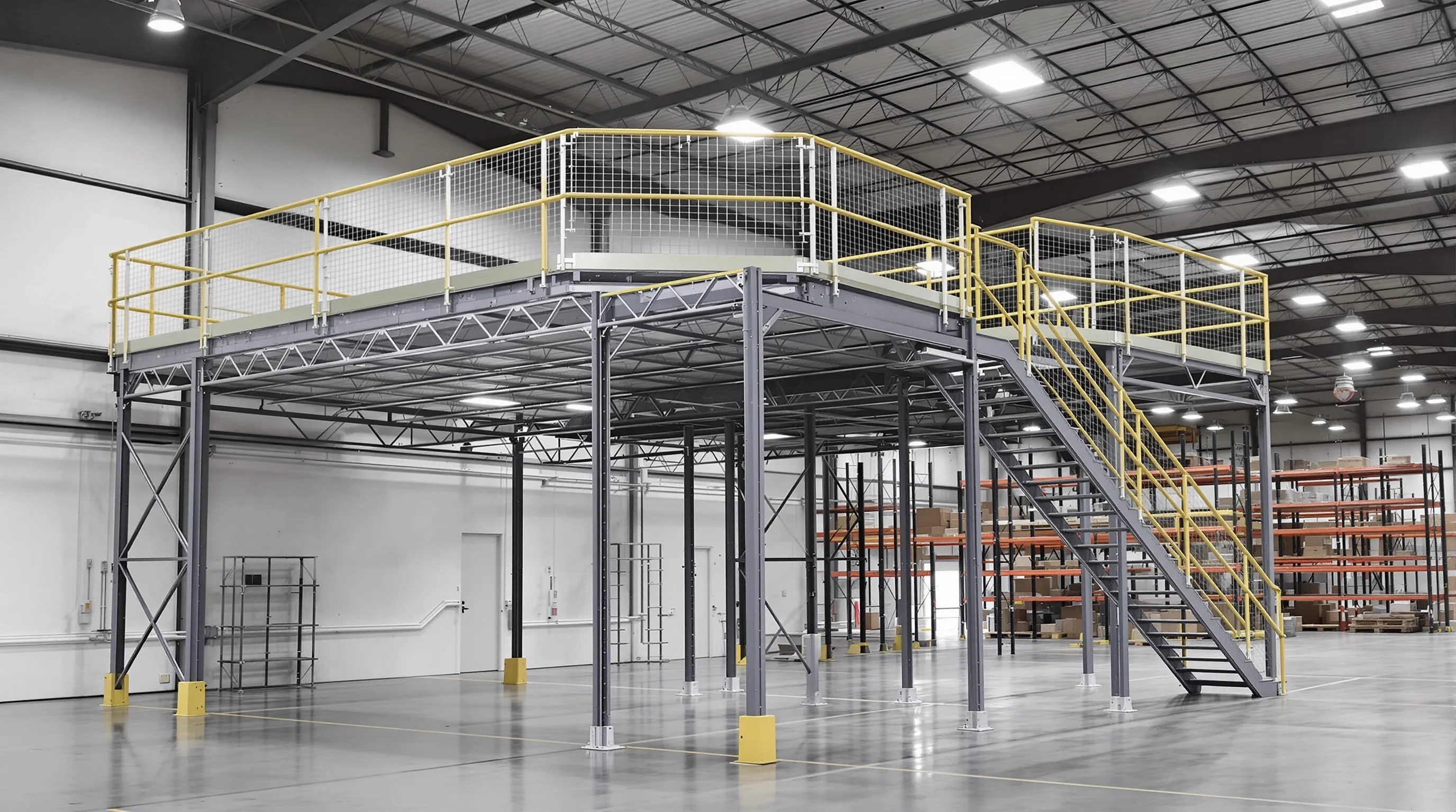 Steel mezzanine installed alongside a new rack system