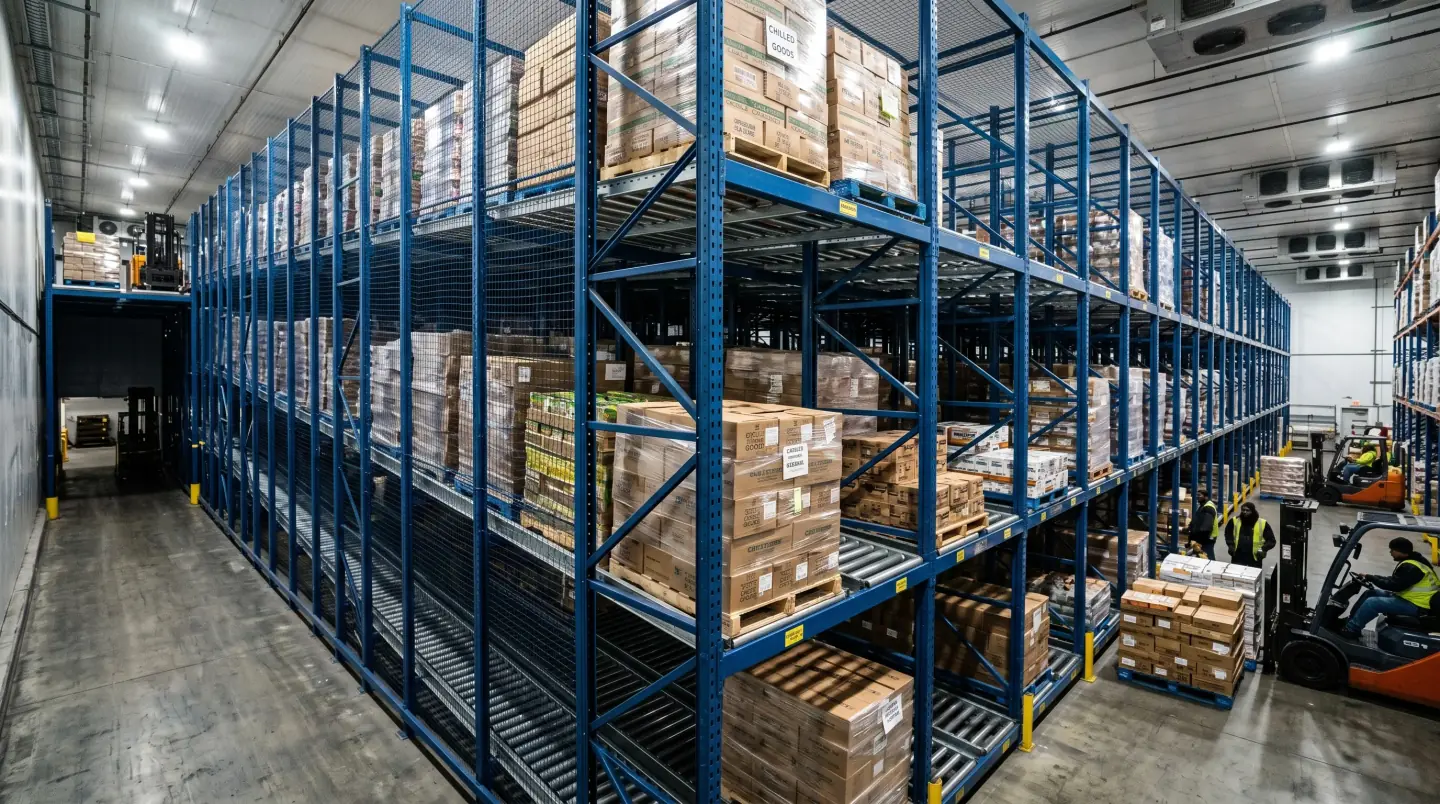 Deep gravity pallet flow lanes in a refrigerated Houston-area distribution building