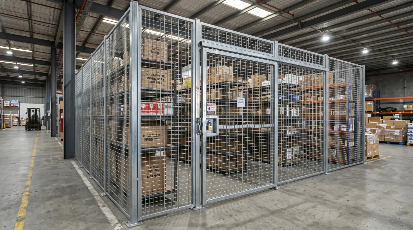 Wire mesh partition cage protecting stock in a Houston-area warehouse