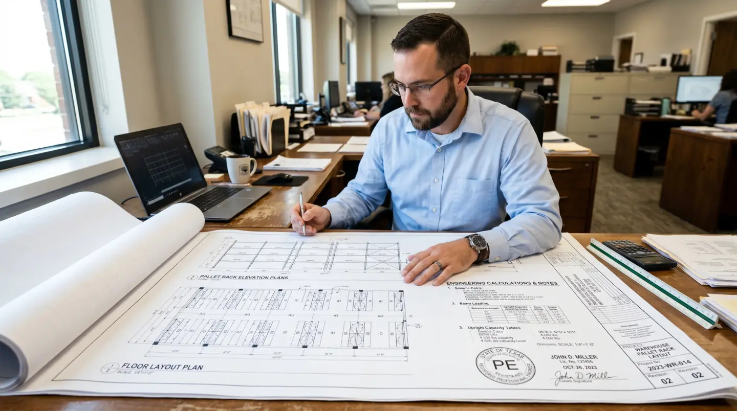 Stamped rack drawings and permit documents prepared for a Southeast Texas warehouse