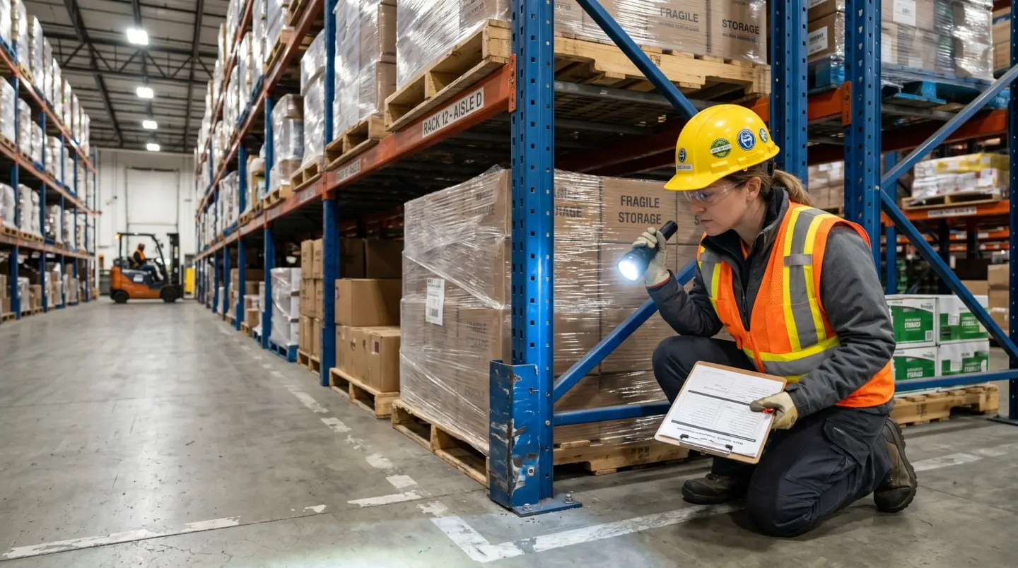 Inspector checking pallet rack uprights for damage in a Southeast Texas warehouse
