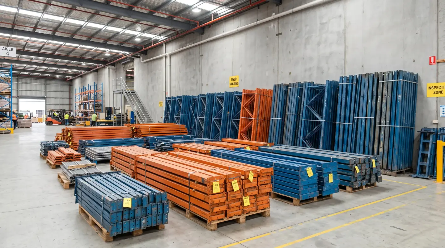 Graded used pallet rack components ready for a Houston-area buyer