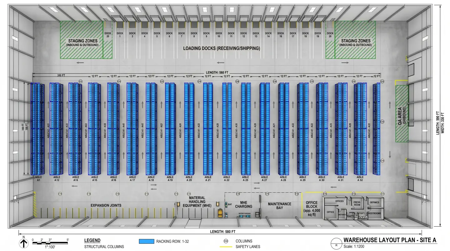 Warehouse layout and space-planning work for a Houston-metro facility